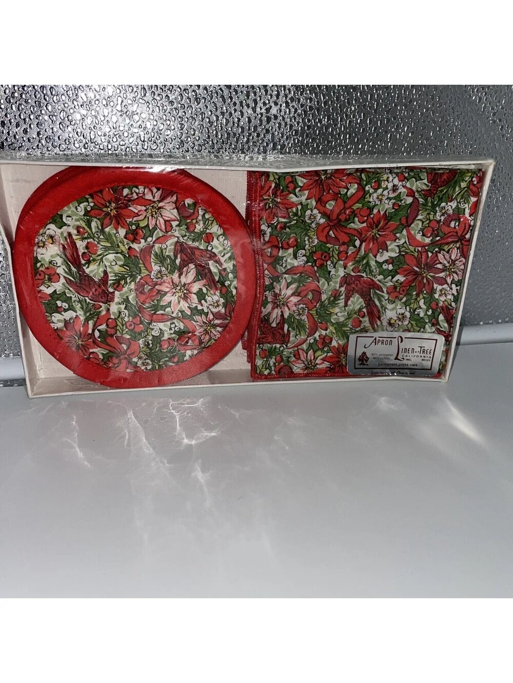 Vintage Quilted Christmas Coasters Napkins Cardinals Poinsettia